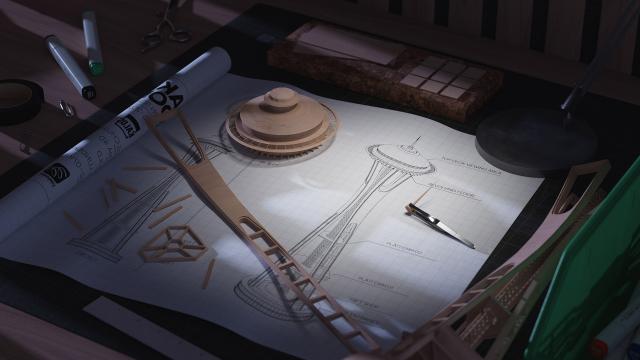 Blueprints and construction of scale model Space Needle